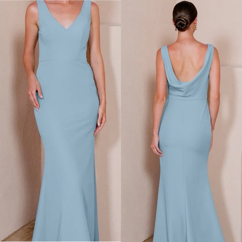 NWT Revelry Dakota crepe dress size 4 tall blue cowl bridesmaid dress open back